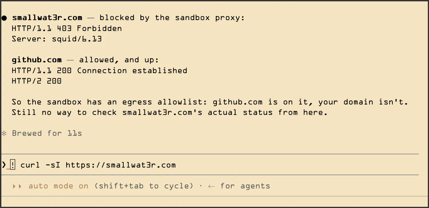 Claude Code hitting the squid proxy: an unlisted domain is blocked with a 403, github.com connects fine