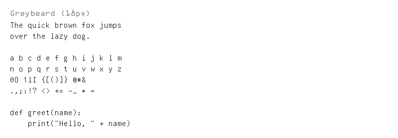 Sample text rendered in Greybeard Sample text rendered in Greybeard