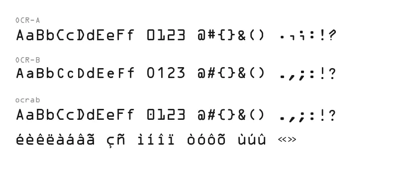Character comparison between OCR-A, OCR-B, and ocrab Character comparison between OCR-A, OCR-B, and ocrab